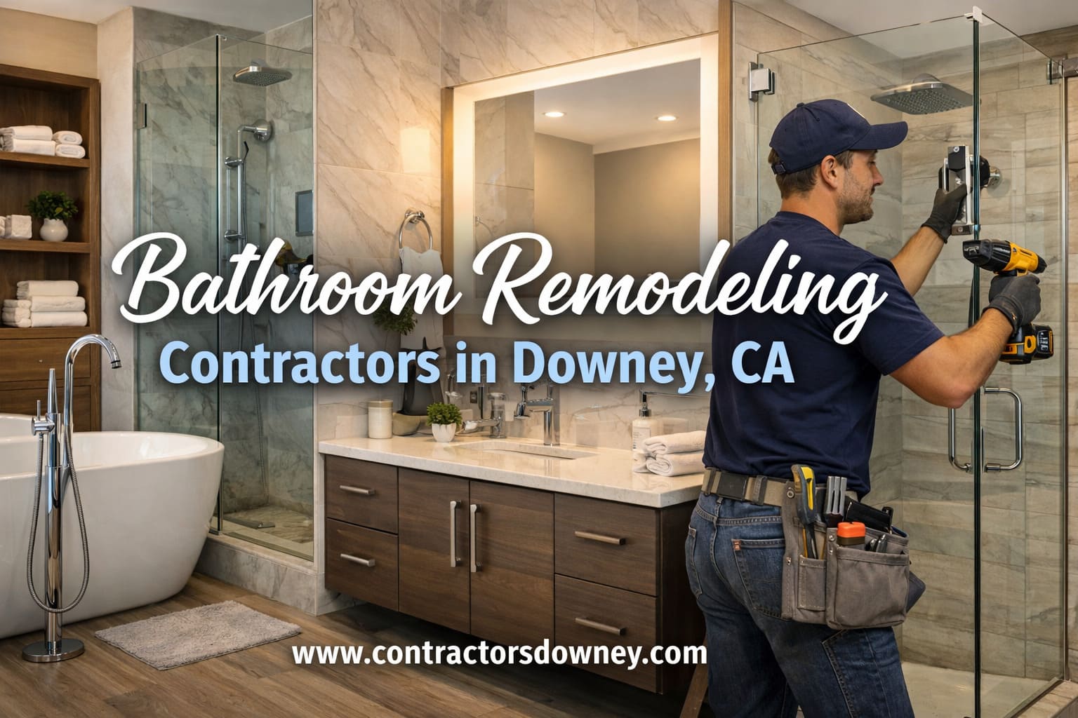 Bathroom remodeling contractors completing a modern bathroom renovation in Downey CA