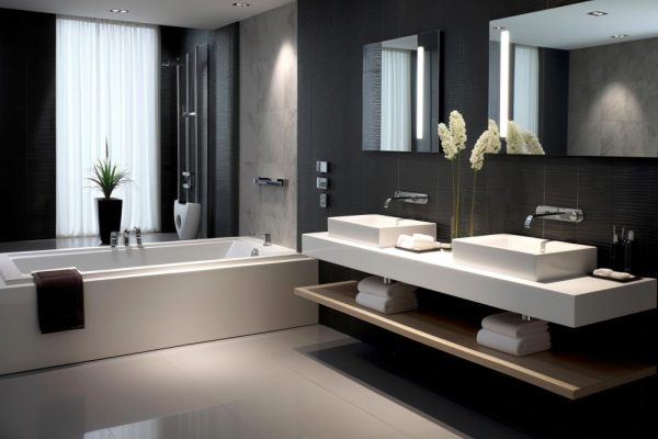 After photo of a modern Downey bathroom renovation with walk-in shower and updated fixtures
