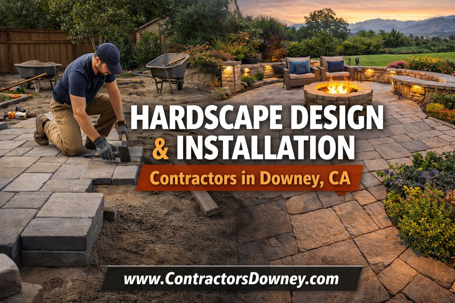 Hardscape contractors installing a beautiful patio and outdoor kitchen in Downey CA