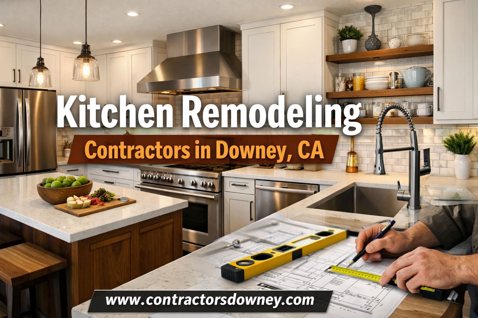 Kitchen remodeling contractors completing a modern kitchen renovation in Downey CA